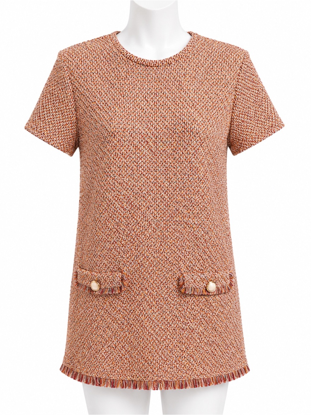 Zara Tweed Short-Sleeve Shift Dress in Rust Pink
